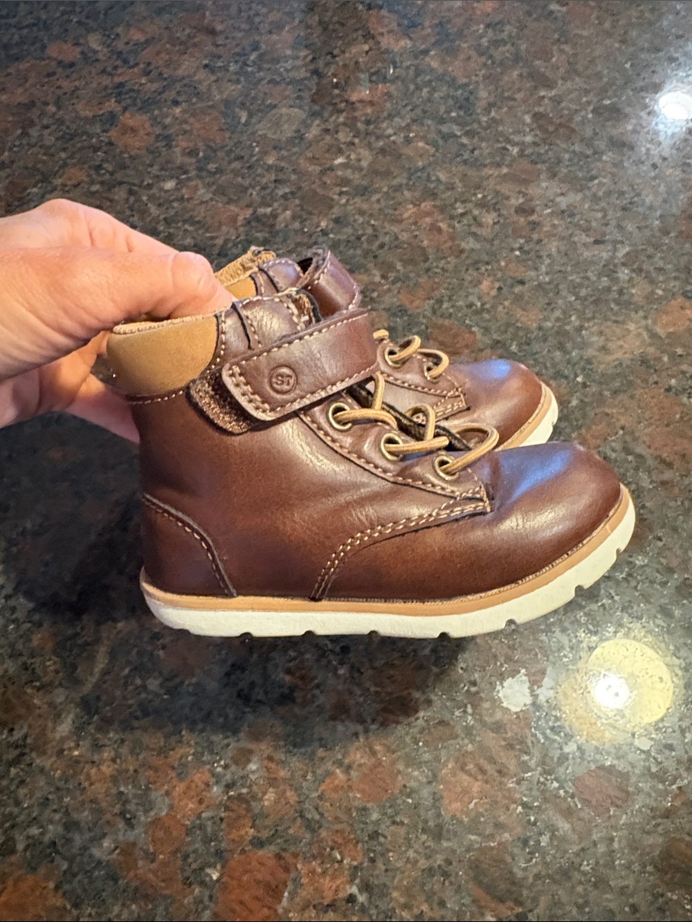 Stride Rite Brown Leather Kids Lace-Up Boots with Strap
